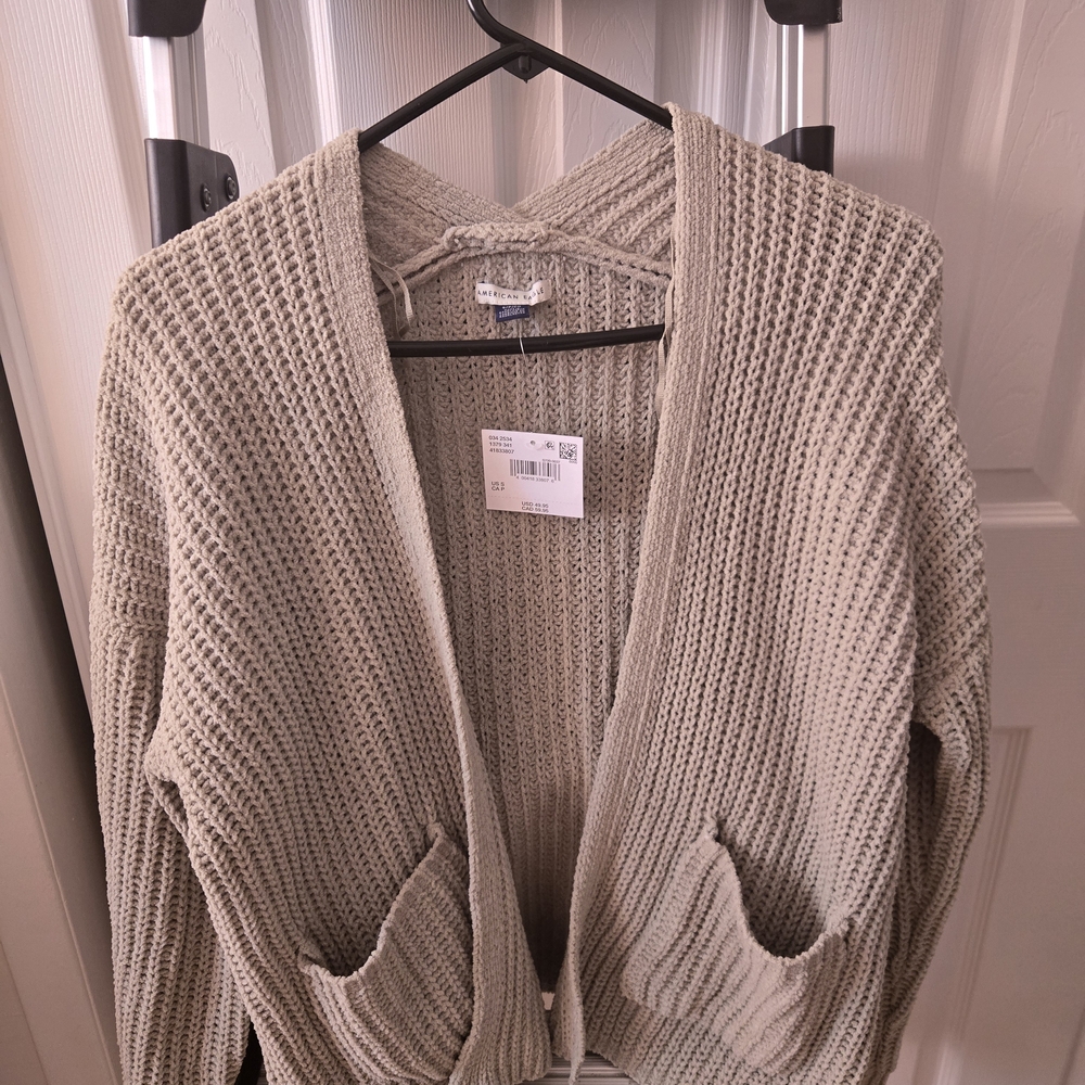 American Eagle Outfitters Textured Open-Front Cardigan- Sage Green